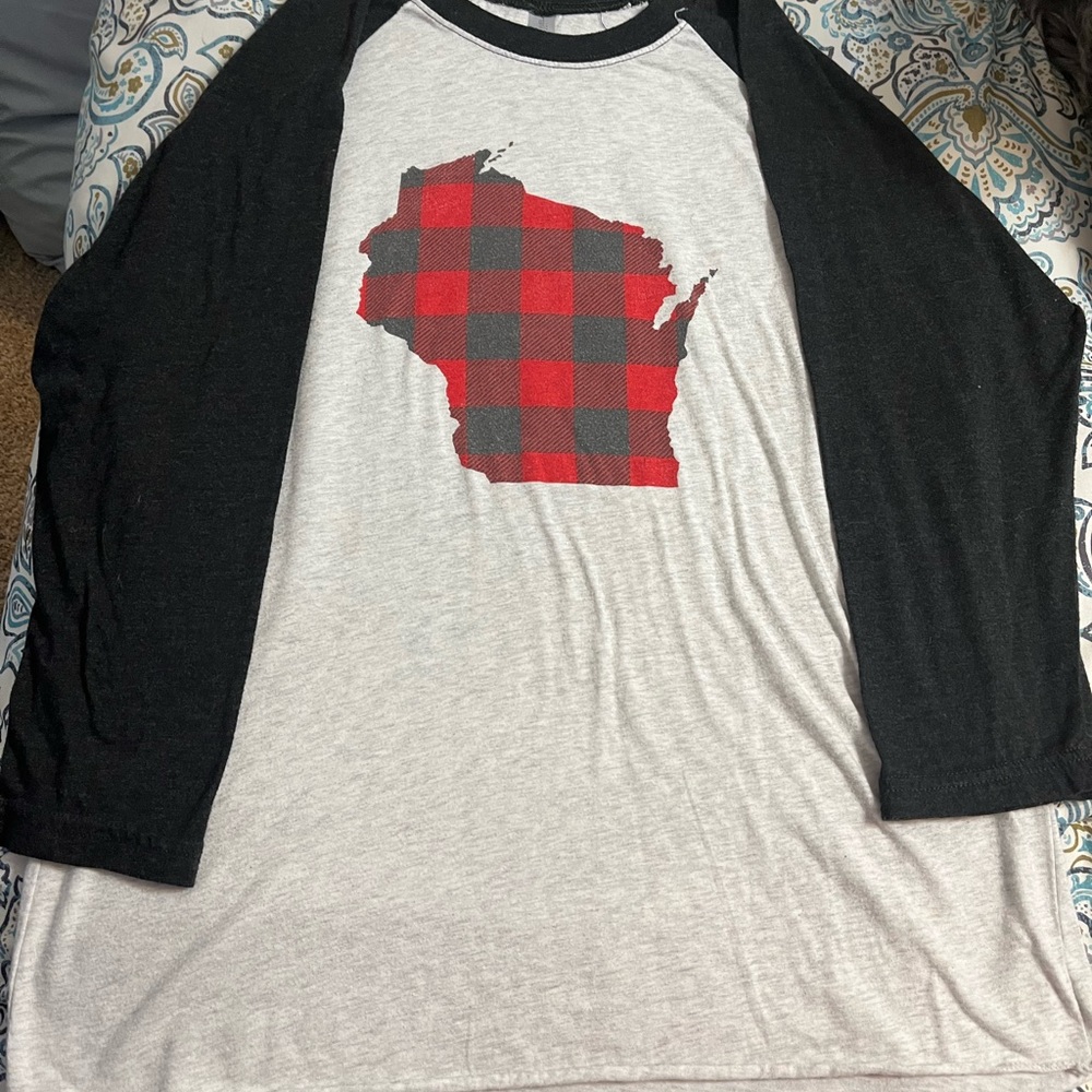Boutique Style Buffalo Check Wisconsin Baseball T 3/4 length